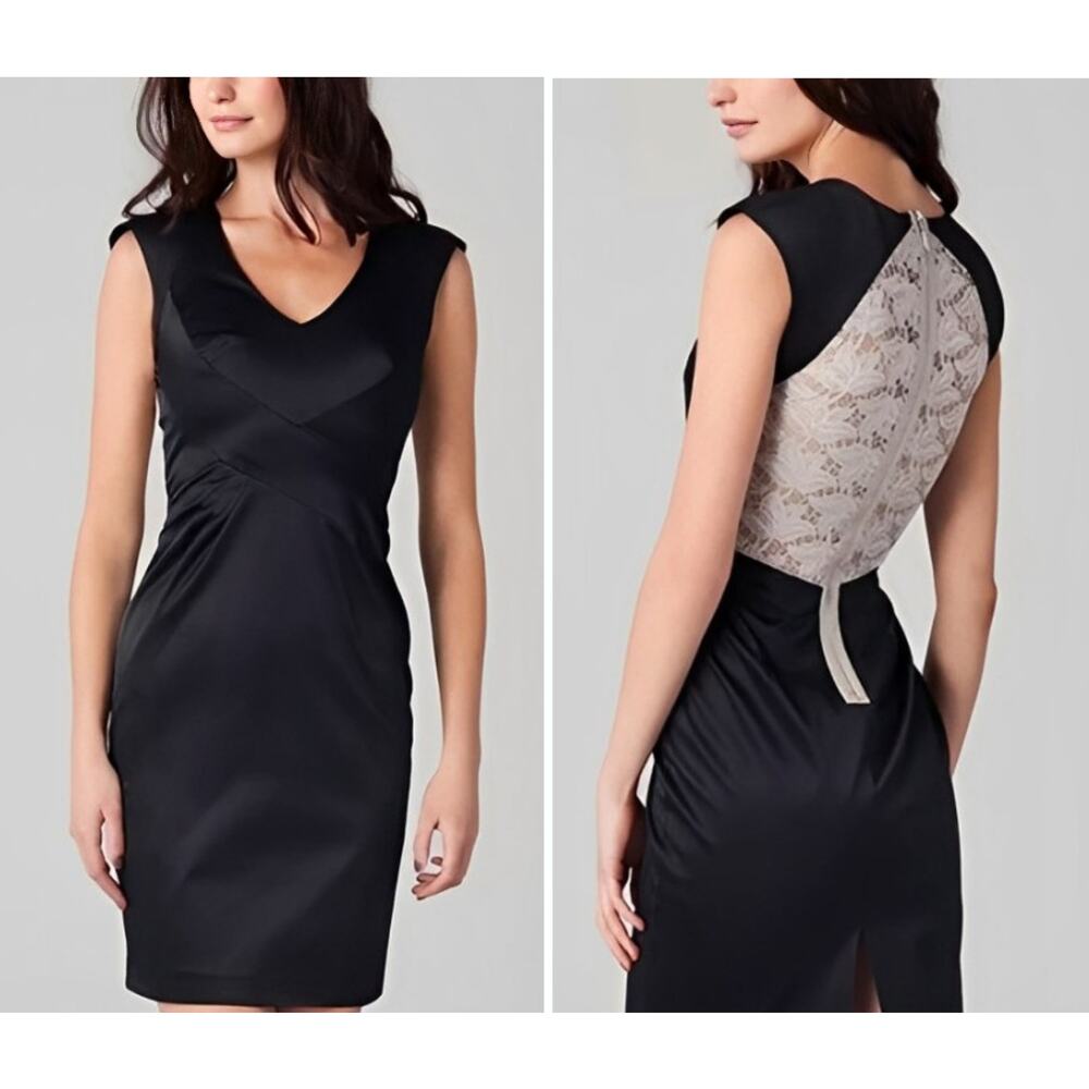 Black Halo Satin Jagger Sleeveless Contrast Lace Sheath Midi Dress | Size 4